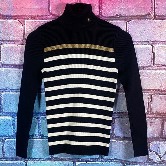 Lauren Ralph Lauren Sweaters - Lauren Ralph Lauren Striped Ribbed Turtleneck Sweater Black White Gold Size M